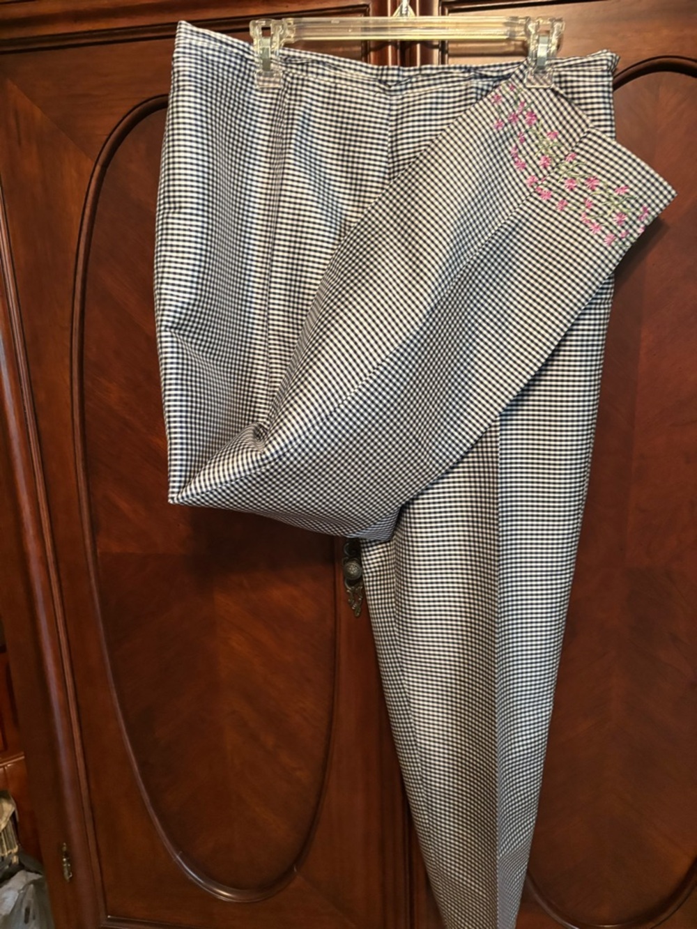 Navy & White Silk Gingham Slim Pants with Embroidered Detail